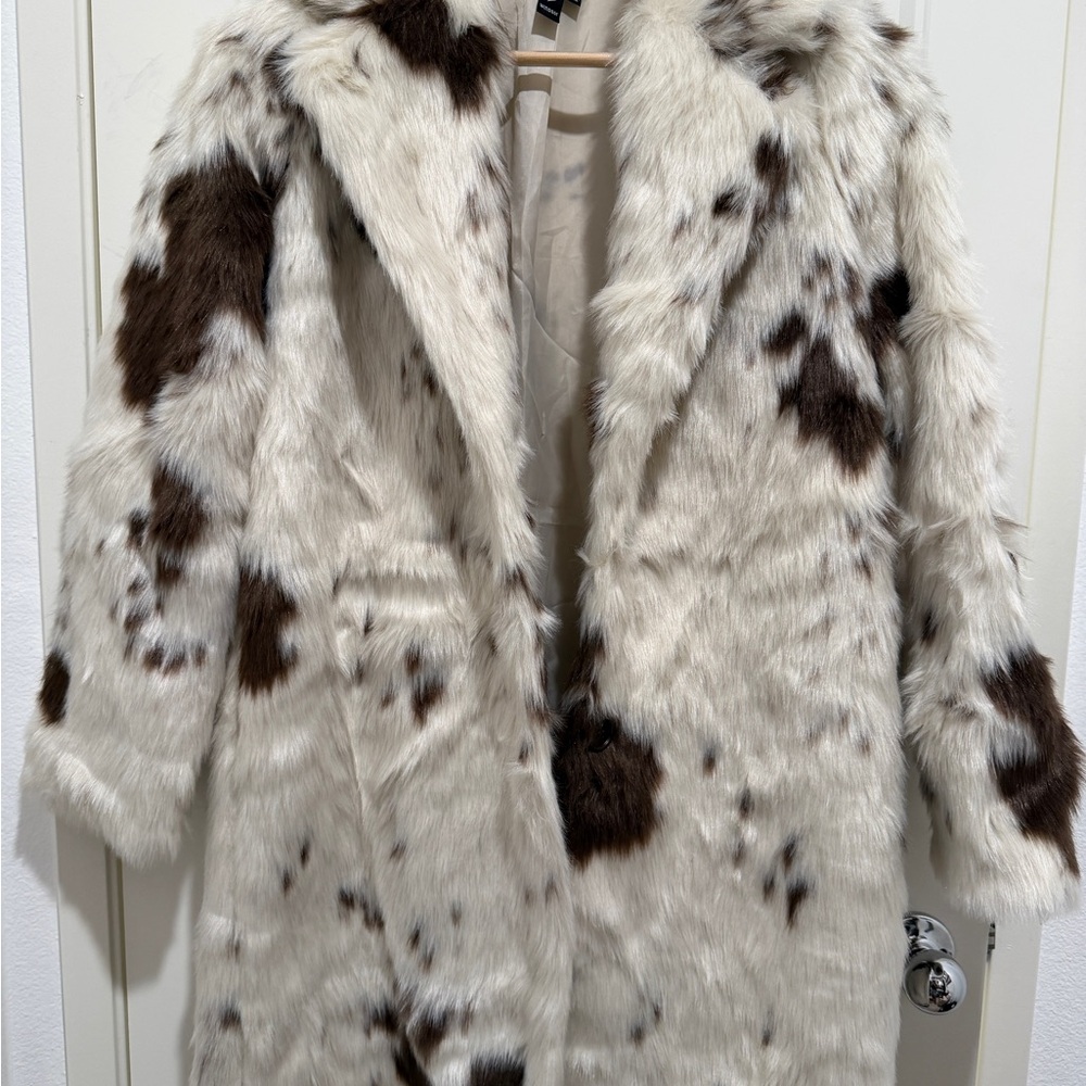 Ivory and Dark Brown Faux Fur faux cowhide Long Coat - Picture 2 of 5